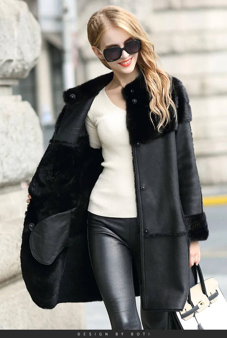 Fur Story 20113 real sheep fur coat double faced overcoat mink collar trim leather with women Winter ladies jacket | Женская одежда