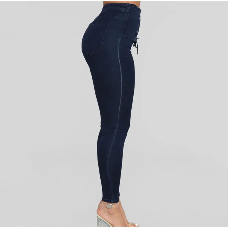 Женские узкие джинсы большого размера на шнуровке в Корейском стиле облегающие
