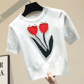

Ice silk knitted high waist beading floral white t shirt women o-neck tee shirt femme short sleeve graphic tees 2020 summer tops