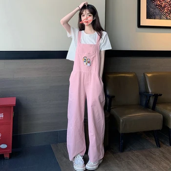 

2020 New Summer Overalls Women Cute Embroidered Puppy Jumpsuit Loose High Waist Jumpsuit Harajuku Cat Pants Cartoon Rompers