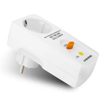 

Leak protection plug 16 AMP FI circuit breaker socket. Electrical plug for household appliances. White socket adapter