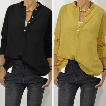 

ZANZEA Women Tops Blouses 2020 Spring Ladies Casual Long Sleeve Shirts Cotton Tunic Blusas Femme Stand Collar Chemise Plus Size