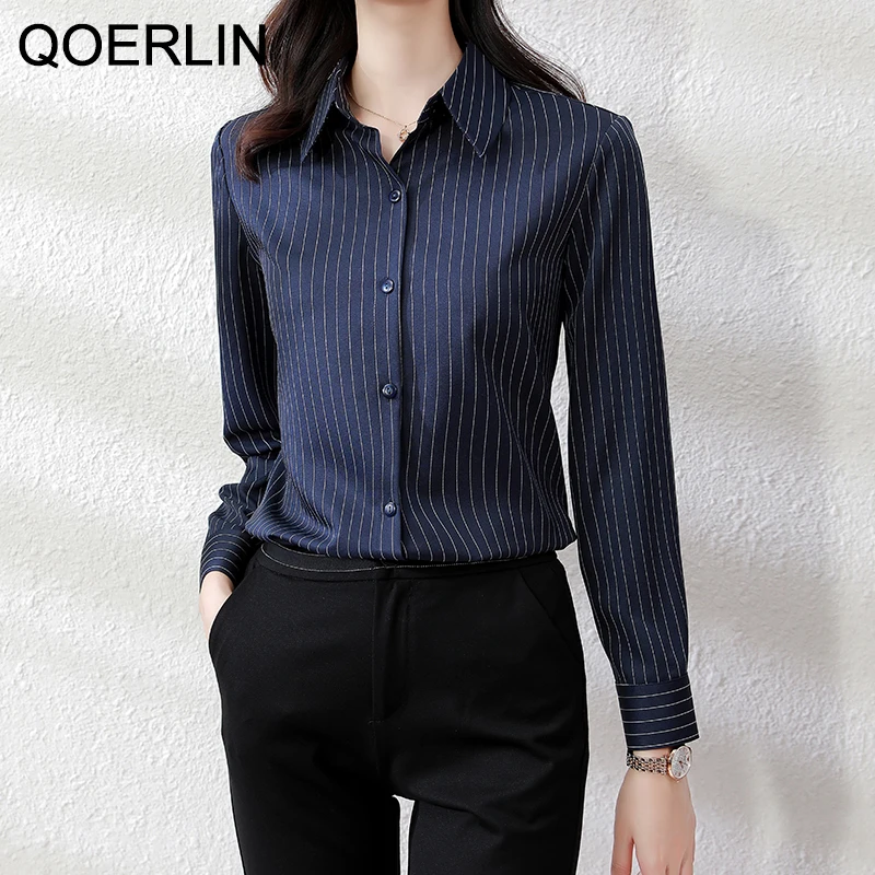 QOERLIN High End Striped Shirt Female OL Formal Temperament Long