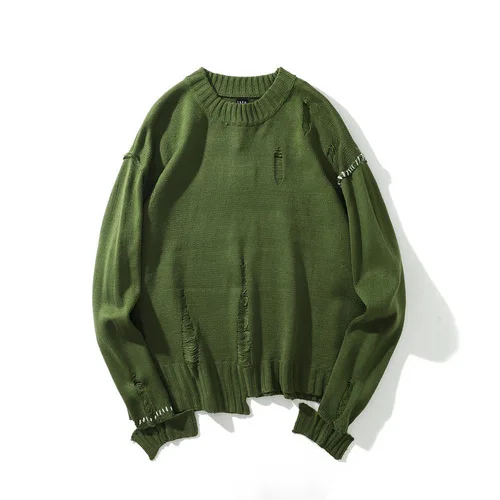 Черный зеленый хип-хоп рваный свитер для мужчин High Street Punk с дырками и неровным подолом, Свитера, Зимний вязаный свитер большого размера для женщин - Цвет: Зеленый