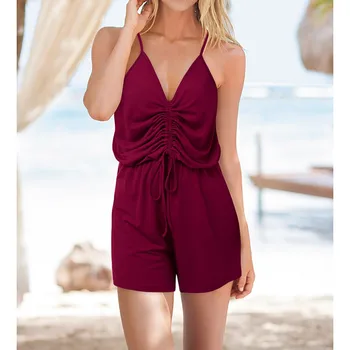 

Women Jumpsuit fashion V-neck 2020 Casual Solid Color Sling Drawstring High Waist Sleeveless Playsuit Female Summer