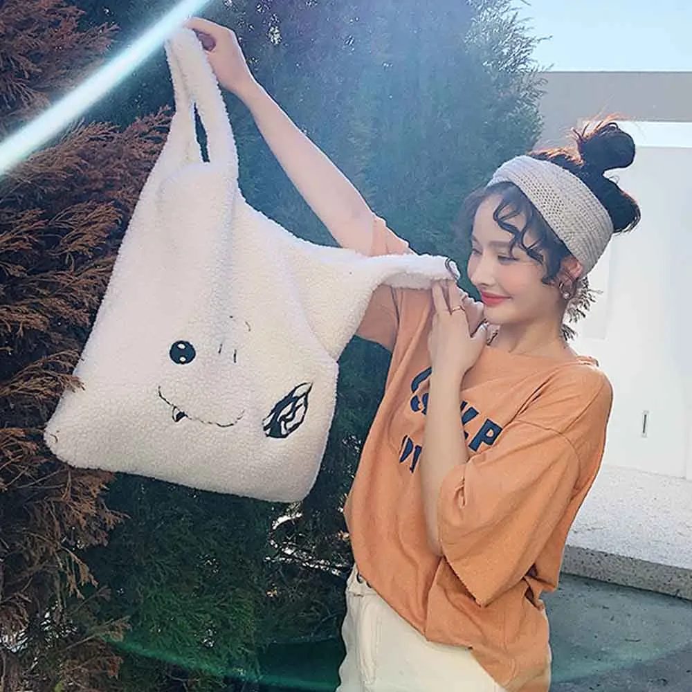 ANSFX Корея Harajuku девушки милый белый смайлик мультфильм вышивка ягненка мех Пушистый Большой искусственный мех плюшевая сумка через плечо сумочка