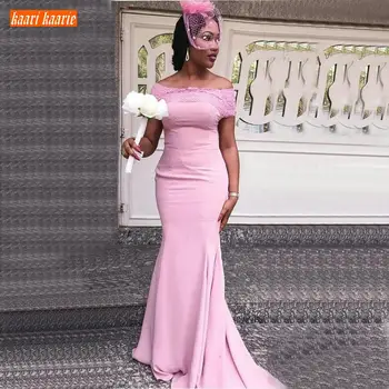 

luscious Pink Mermaid Prom Dresses Long Off Shoulder Applique Lace Prom Gowns Stain African Women Formal Dress Party Evening