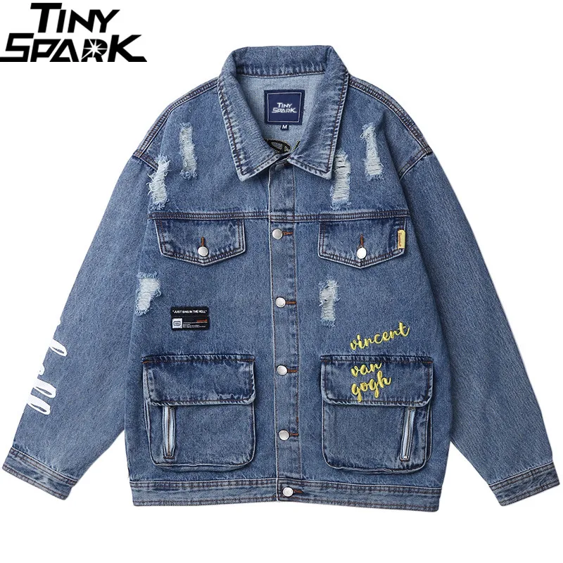 Beste Vincent Van Gogh Streetwear Denim Jassen Hip Hop Mannen Vintage Ripped Holes Denim Jean Jasje Harajuku Bomber Jas Katoen