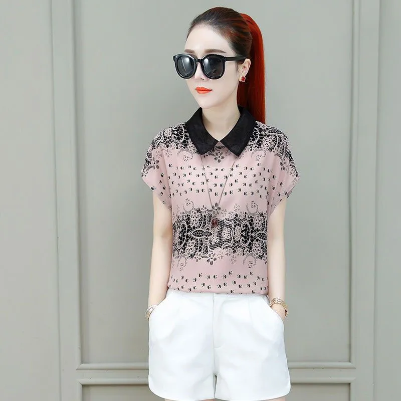 

Women Spring Summer Style Chiffon Blouses Shirts Lady Casual Peter Pan Collar Short Sleeve Blusas Tops DF2917