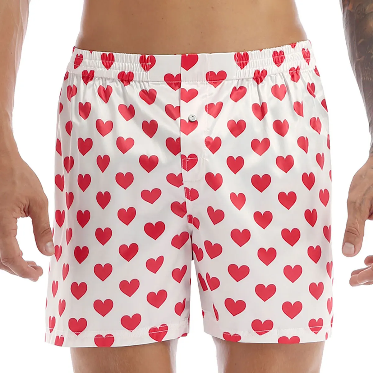 Mens Cute Love Heart Print Classic Soft Boxer Shorts Lightweight Loose Beach Wear Strawberry Board Homme Shorts Sweetpants 3