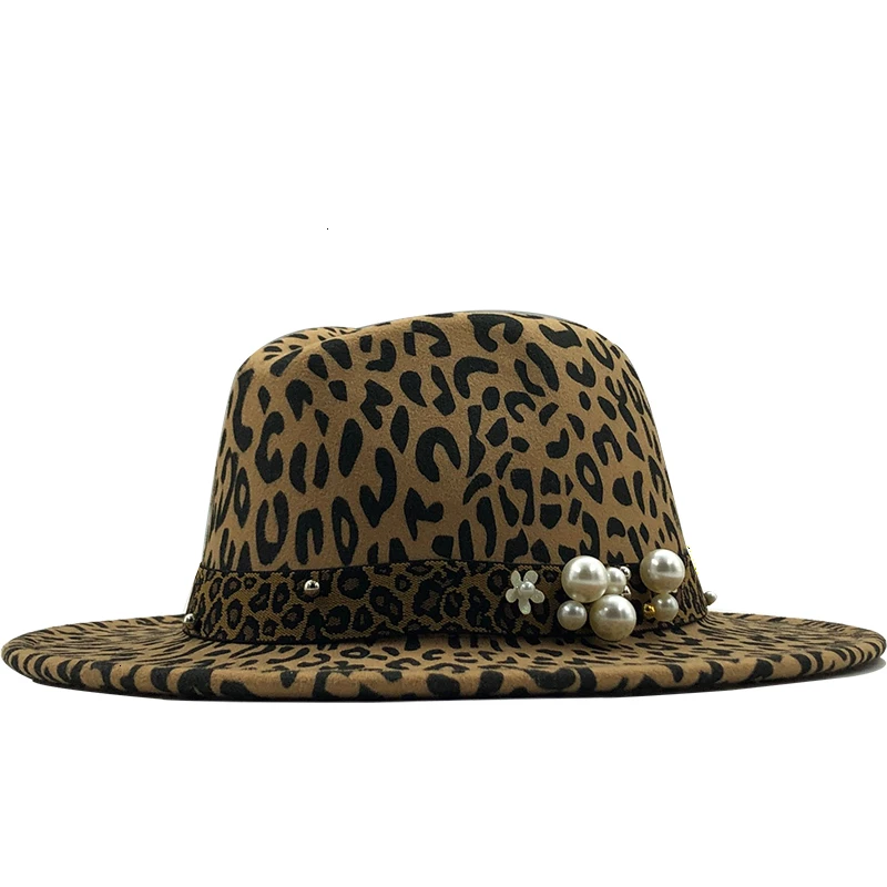 Зимняя шерстяная фетровая шляпа с леопардовым принтом, Jazz Fedora, с пряжкой на ремне, для мужчин и женщин, с широкими полями, вечерние шапки - Цвет: 01