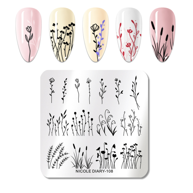 DIARY Flower Leaf Nail Stamping Plates Cute Abstract Face Lines Stamp Template Nail Art Image Printing Stencil Tools