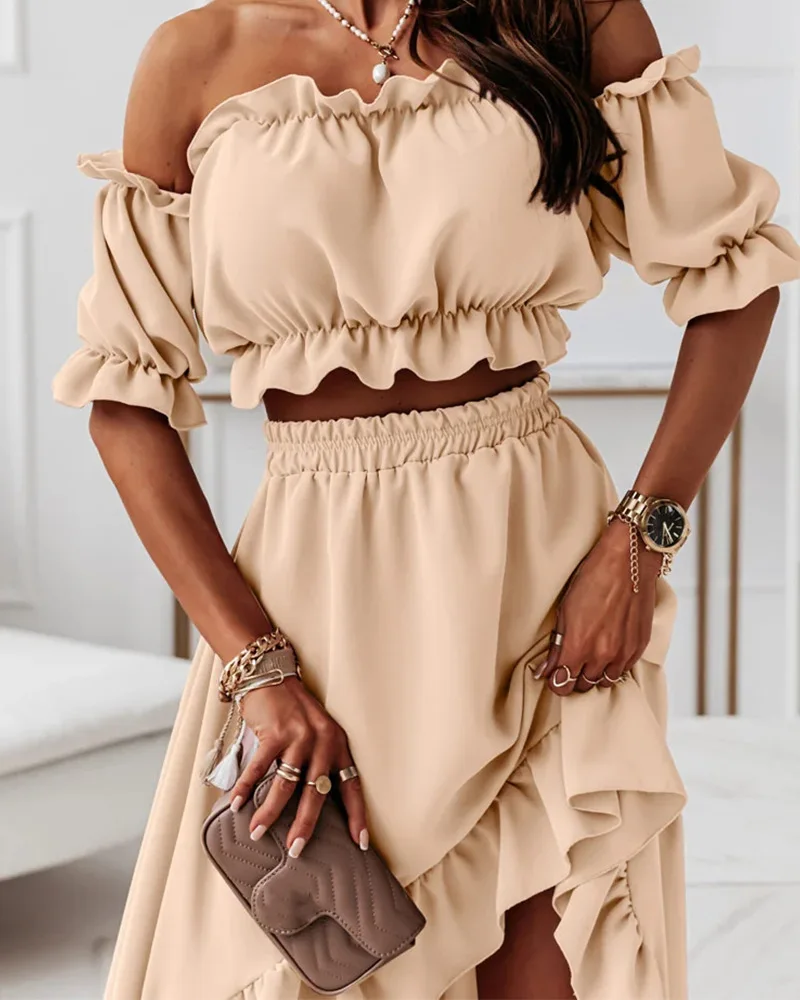 Summer Ruffle Dress Sets Two Piece Set Women Sexy Off Shoulder Slash Neck Short Sleeve Crop Top Irregular Long Skirt Dress Suits