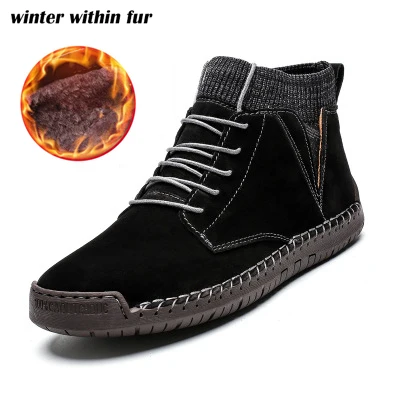 UEXIA, новая обувь размера плюс, мужские зимние ботинки, замшевые кожаные ботинки, мужские зимние ботинки, кожаные мужские ботильоны на меху - Цвет: black within fur