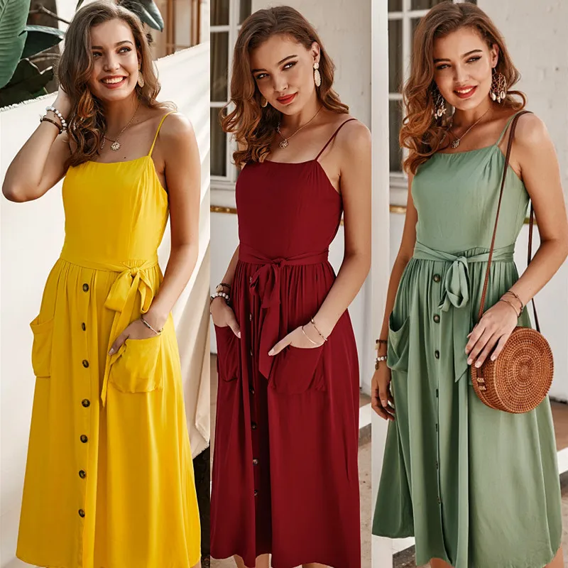 

Original Design Hot Sale Women Solid Suspender Dress Casual Sleeveless Mid-Calf Spaghetti Strap OL Dress 2020 New