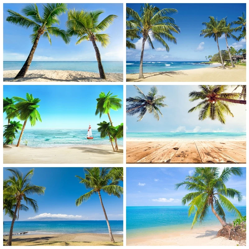Laeacco Sand Beach Coconut Tree 7x5ft Vinyl Photography Background Summer Holiday Tropical Swim Coast Party Photo Portraits Shoot Wallpaper Wedding Family Lover Tour Studio Backdrops 