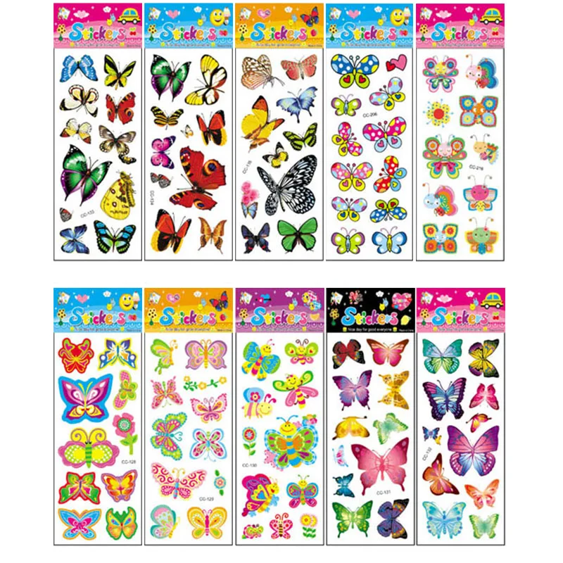 10 pièces différents papillon autocollant jouets pour enfants cadeau maternelle autocollant Animal dessin animé décoration sur téléphone livre No-répétition