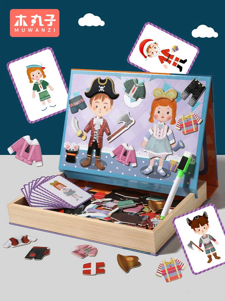 

Wooden Montessori Magnetic Dress Changing Jigsaw Game Toys Preschool Multifunction Drawing Busy Board Educational Puzzle Toys
