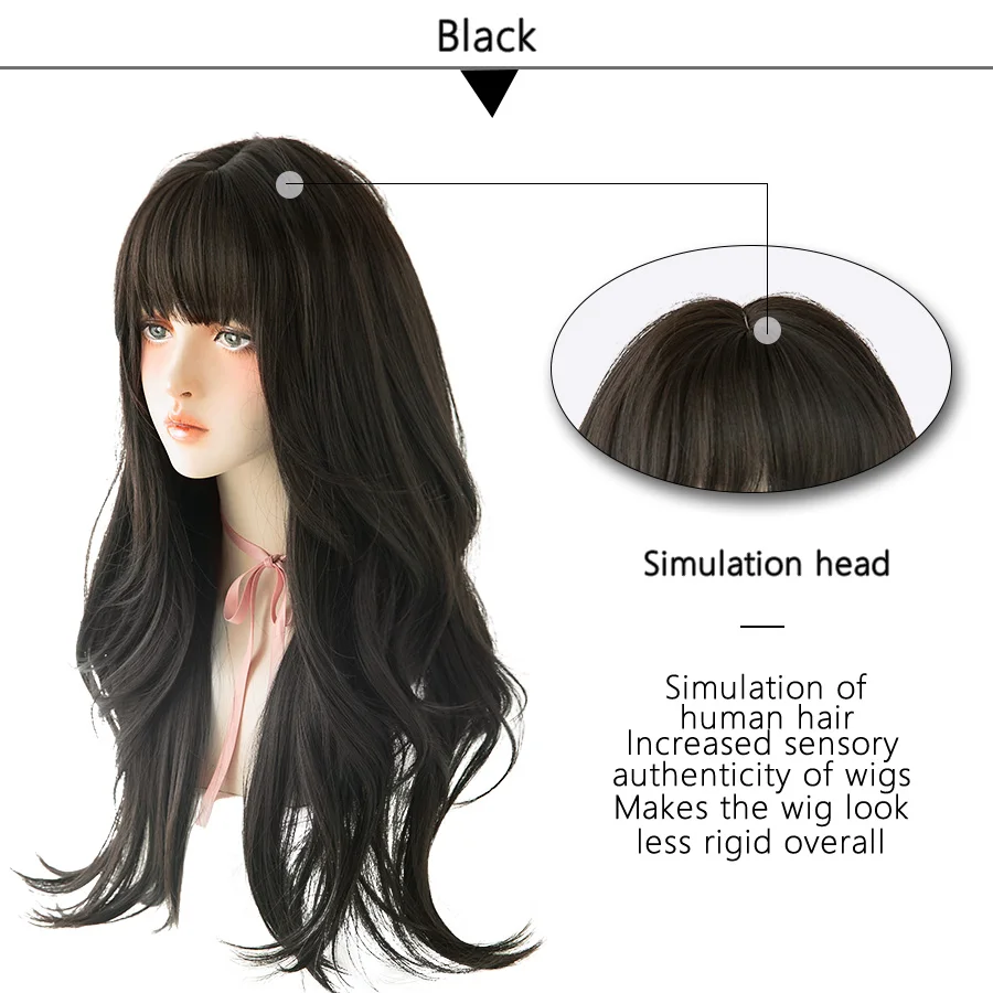 7JHH Black Brown Long Wavy Wig With Fluffy Bangs For Women To Wear Daily Heat-Resistant Synthetic Wig