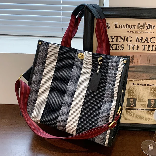 Fashion Striped Canvas Women Shoulder Bag Big Capacity Shopper Bags For Women Casual Wide Strap Handbag Women's Bag Commute Tote Black