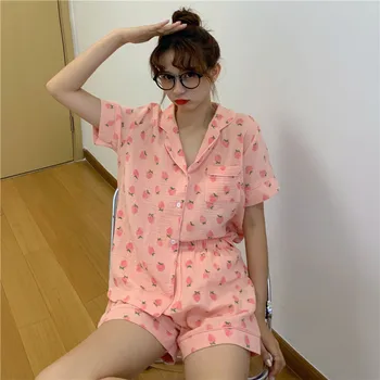 

Summer new Korean version girl strawberry printing cotton soft cotton yarn skin friendly pajamas set home clothes