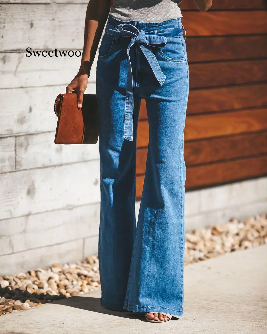 blue Tie Waist Flare Jeans Women Slim Denim Trousers 2020 spring High Waist Pants Belted Stretchy wide leg jeans