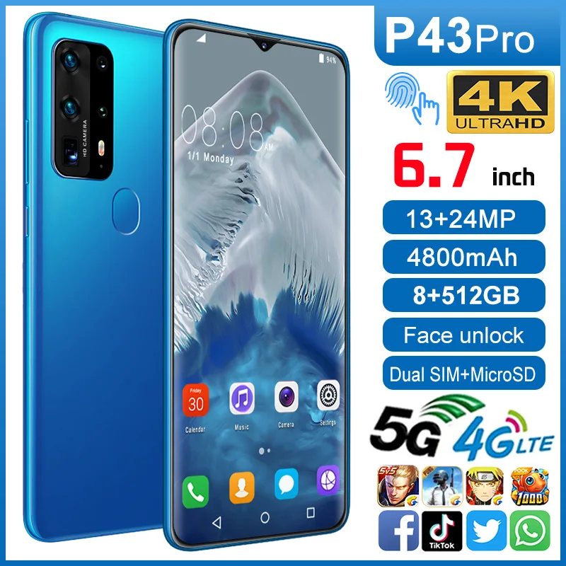 

2020 New P43pro Quad Camera 6.7" FHD+ Andriod 10 OS Full Screen 64GB/128GB ROM LPDDR4X Octa Core Global Version Phone