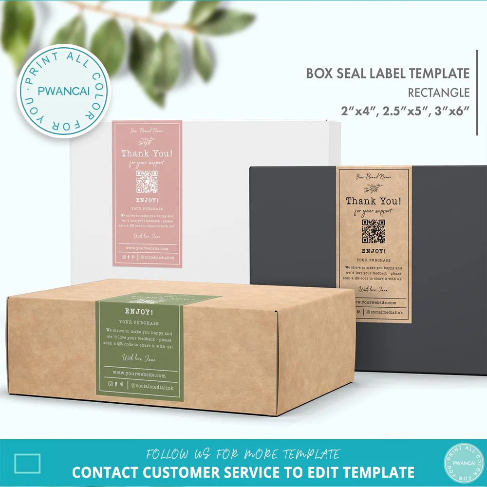 Floral Box Seal Sticker Template (3 Sizes),Printable Minimal Packaging Sticker Design,Business Thank You QR-code Review Sticker