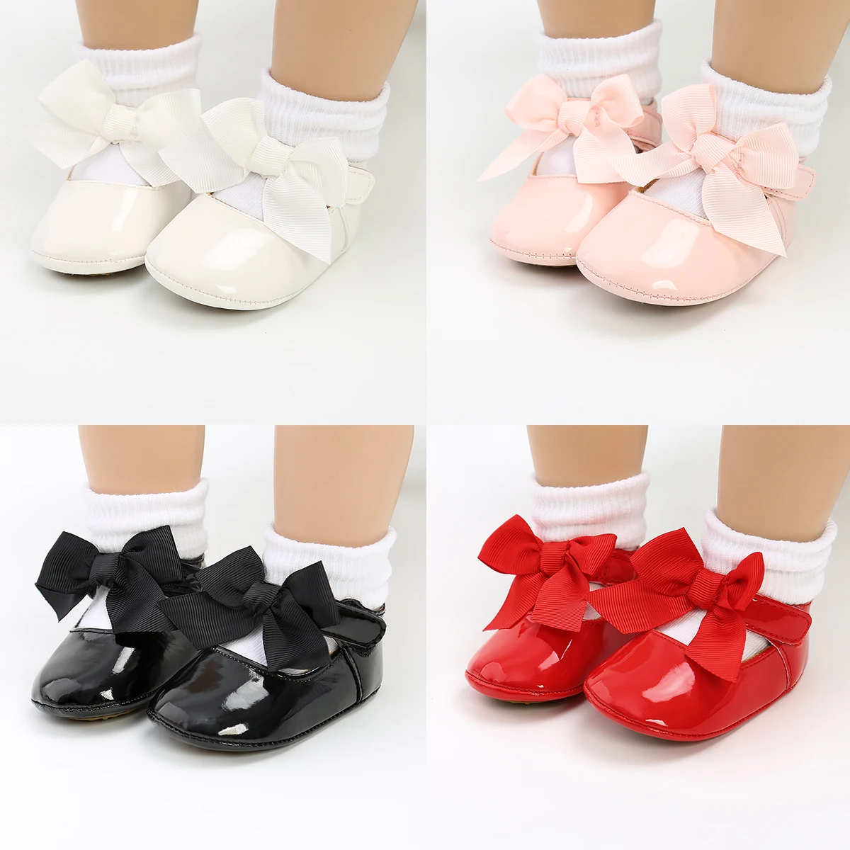 FOCUSNORM 0-18M Toddler Baby Girl Crib Shoes Soft Sole Solid Color Bowknot Flats with Ribbon Non-Slip Princess Shoes