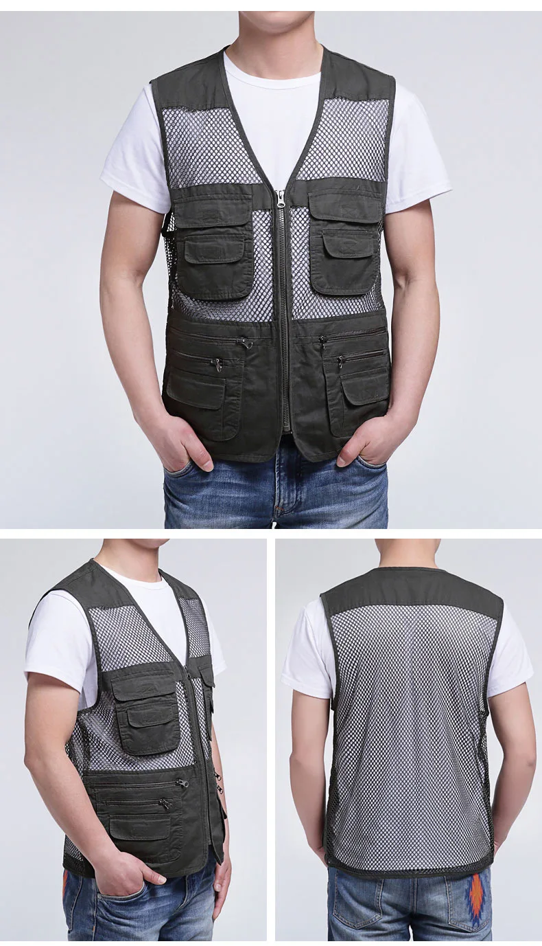 Summer Men's Mesh Vests Multi-pockets Director Reporter Vests Quick Dry Sleeveless Jacket Photography Cameraman Travels Clothing