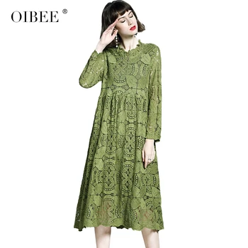 

OIBEE European lace embroidered dress 2020 spring new female loose large size stitching mid-length skirt big swing