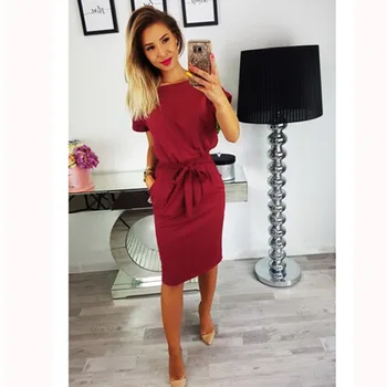 

Summer women's casual sexy short sleeve slim belt pocket elegant party women's Plus Size Retro