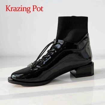 

Krazing pot large size patent leather mixed colors round toe med square heels shoes women keep warm office lady ankle boots L86