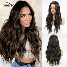 oneNonly Long Wave Middle Part Ombre Dark Brown Blonde Natural Synthetic Wigs for Women Party Daily Use Hair Cosplay Wig