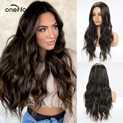 oneNonly Long Wave Middle Part Ombre Dark Brown Blonde Natural Synthetic Wigs for Women Party Daily Use Hair Cosplay Wig