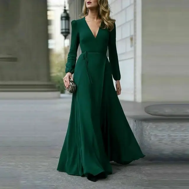 Women Formal Maxi Dress Deep V Neck Drawstring Waist Long Dress Elegant  Lady Long Sleeve Fit and Flare Dress Swing Prom Gown - AliExpress Women's  Clothing