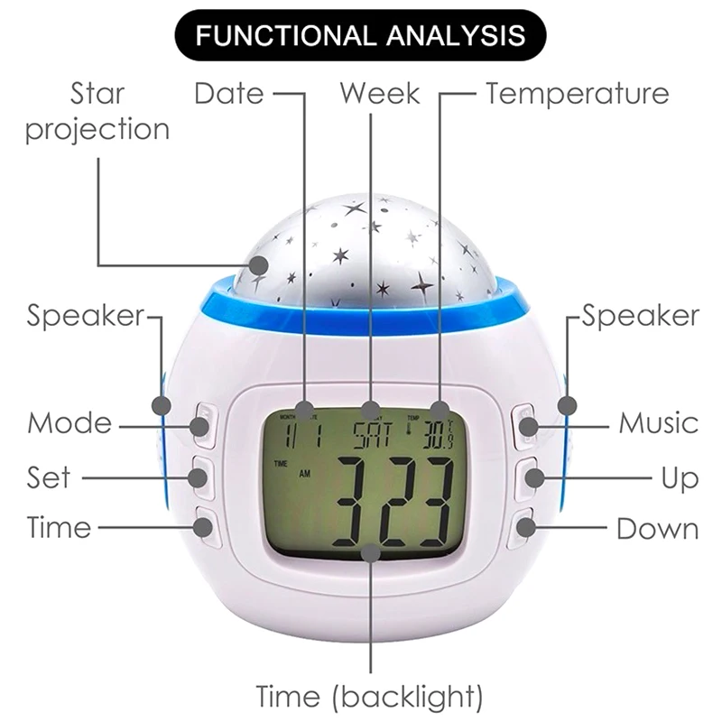 Светодиодный цифровой будильник, красочные электронные часы с проекцией звездного неба, ЖК-дисплей, светодиодный, с подсветкой, повтор, термометр с календарем