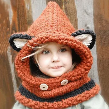 

Winter Solid Color gorro bebe Baby Children Hat Cute Foxes Ears Pattern Knitted Warm Hat Soft Grey kids Infant Hooded Shawl Cap