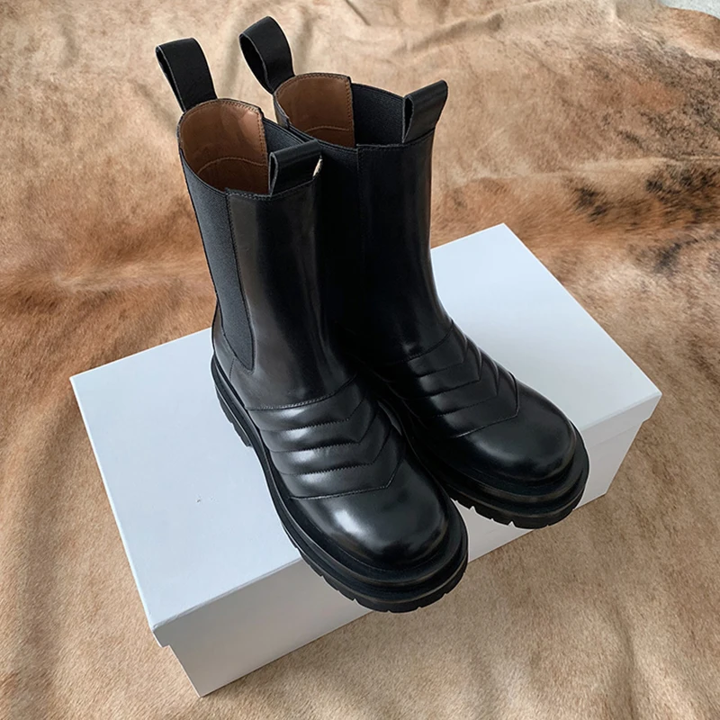 Ботинки «Челси»; ботильоны на плоской платформе; эластичная черная зимняя Дизайнерская обувь из натуральной кожи