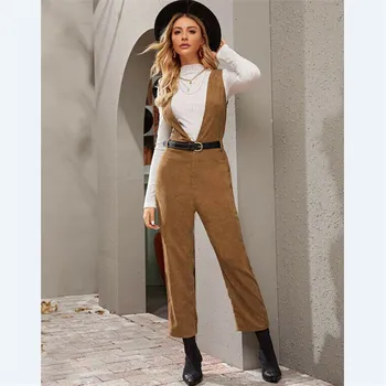 

2020 New Jumpsuits Women Solid Khaki Corduroy Rompers For Women Button Jumpsuit Female Casual Overalls Bib Pants