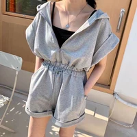 Casual Cotton Playsuit Women Hooded Short Sleeve Zipper Rompers Jumpsuit Summer Drawstring Shorts Overalls Loose Korean B131