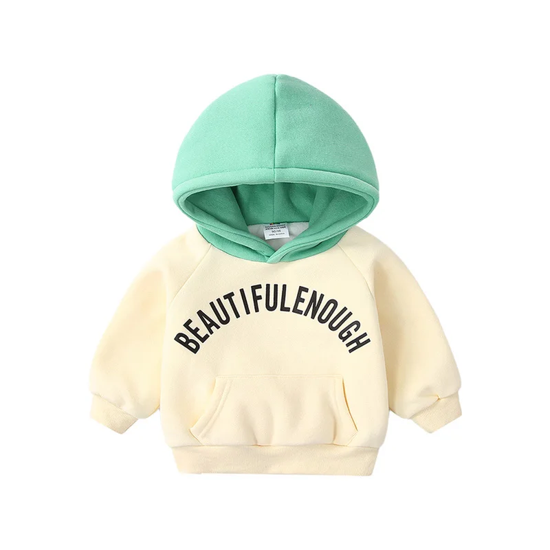 Kids Winter Hoodies Sweatshirt Plus Velet Letter Print Color Patchwork Thickening Fleece