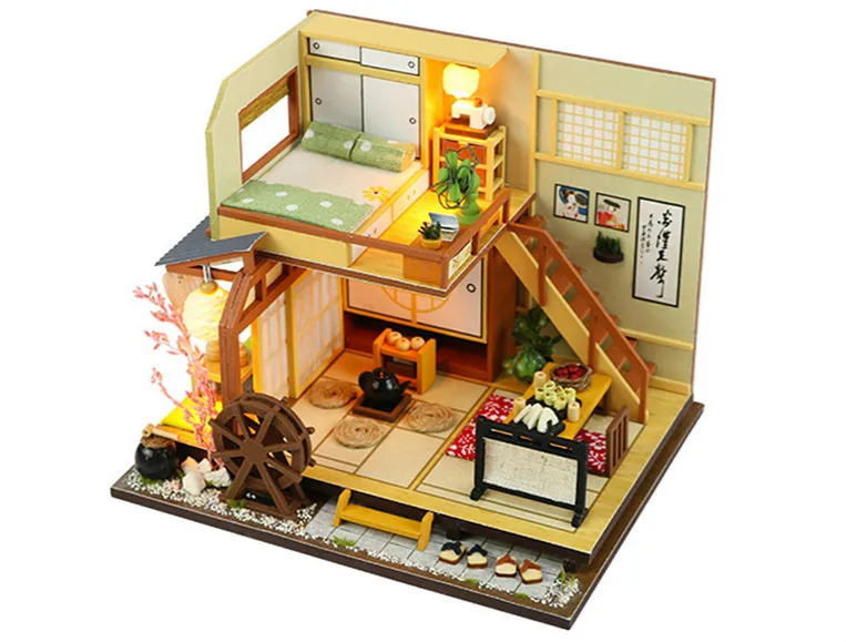 DIY Miniature Dollhouse Kit Vintage 3D Model Building Japanese Sushi Restaurant Birthday Gift Wooden Large Doll House Furniture 12