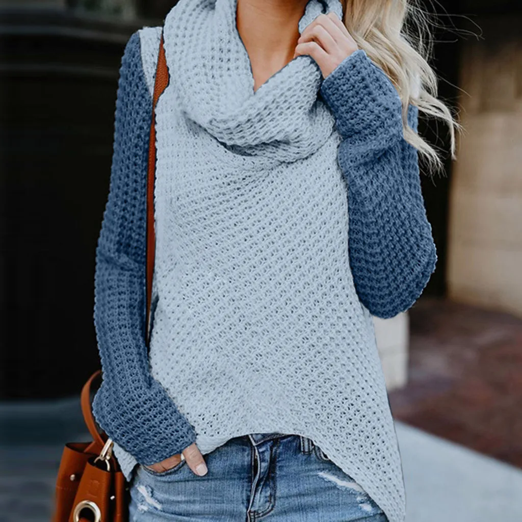 Лоскутная Водолазка пуловер свитер Топ женский с открытыми плечами свитер Повседневный лоскутный пуловер с длинным рукавом свитер