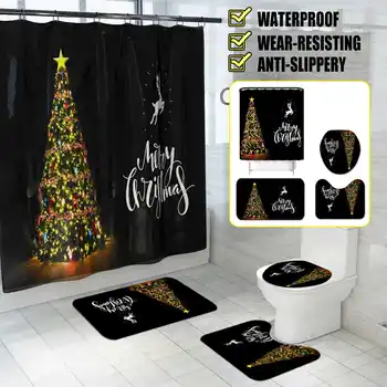 

4Pcs Black Christmas Tree Printing Polyester Fabric Shower Curtain For Bathroom Christmas Waterproof Bath Screen Curtains Home
