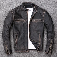 Ретро винтажная Черная Мужская Байкерская кожаная куртка размера плюс XXXXL из натуральной воловьей кожи, осенняя облегающая мотоциклетная кожаная куртка