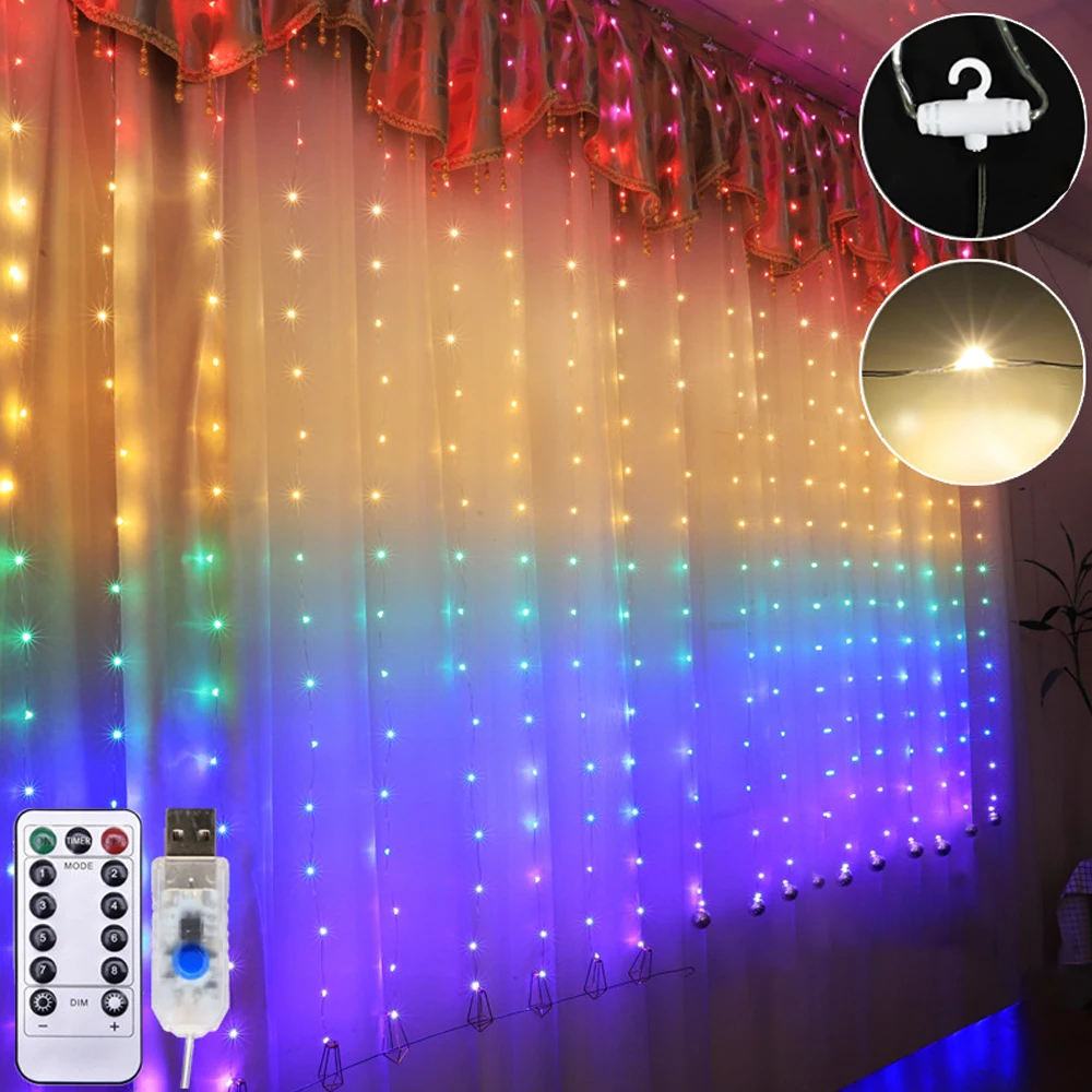 Светодиодный светильник-занавеска, струны, USB, сказочный светильник, 8 режимов, пульт дистанционного управления для окна, спальни, стены, фестиваля, украшения с крючками - Испускаемый цвет: Multicolor
