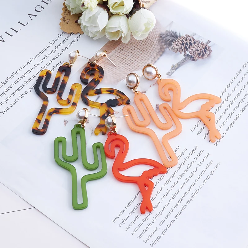 

2019 Fashion Big Acetate Flamingo Drop Earrings For Women Girl's Punk Birds Dangle Long Earrings Female Brincos Party Jewelry