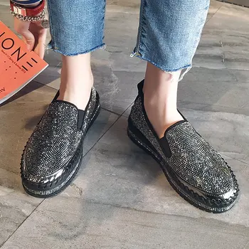 

Luxury Women Loafers Spring Autumn Fashion Shining Rhinestone Flat Platform Women Sneakers Casual Shoes Black/Silver FS9