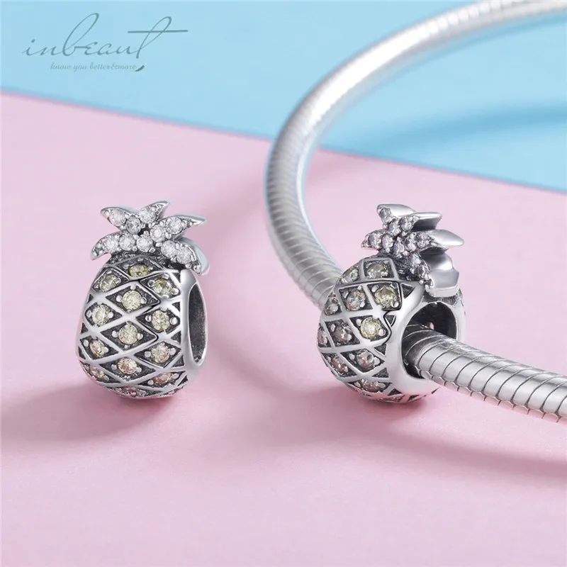 S925 стерлингового серебра fit Pandora браслет желтый циркон бусины в виде ананаса 925 тропические фрукты подвески для браслеты Цепочка ручная работа ювелирные изделия